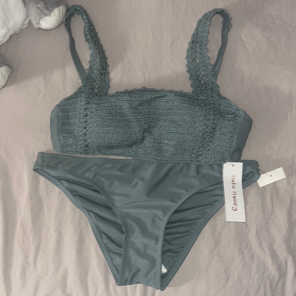 NWT super cute sage green/blue crochet 2 piece swim suite